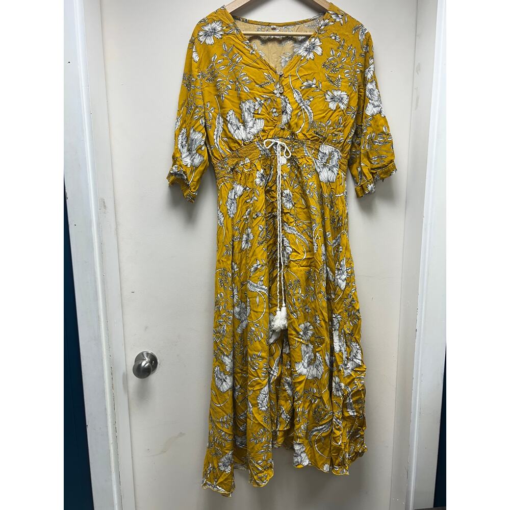 Yellow Floral Maxi Dress with Tie Detail and Wooden Buttons XL